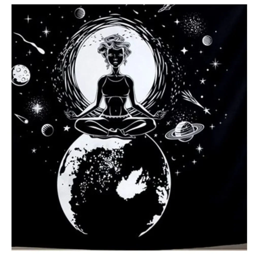 Moon & Stars Meditation Black & White Tapestry New Woman Sitting on top of World